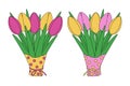 Set of 2 blooming colorful tulip bouquets in wrapping paper in trendy shades of soft pink and yellow