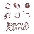 A set of blots of stains from a cup with an inscription of cocoa time.