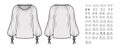 Set of blouses with gathered elements technical fashion illustration with long short elbow sleeves, fitted oversized