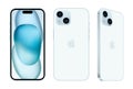 Set of Blue Apple iPhone 15 mobile phone in different sides, on white background, vector illustration. The iPhone 15 and iPhone 15