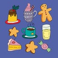 Set on blue background from holiday food and beverages. for design of cards and menus for cafes