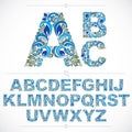 Set of blue beautiful capital letters decorated with herbal ornament. Vector typescript made in floral style.