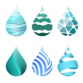 Set of blue bright different water drop icons. Royalty Free Stock Photo