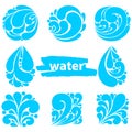 Set of blue bright different water drop icons. Water drop logo.