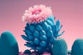 Set blue Cactus with pink flower on light background. Minimal creative still life. Generative AI Royalty Free Stock Photo