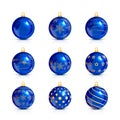 Set of blue Christmas balls with golden pattern Royalty Free Stock Photo