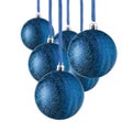 Set of blue Christmas ornaments hanging over white background. Christmas tree decorations isolated on white Royalty Free Stock Photo