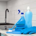 A set of blue cleaning products and tools for cleaning Royalty Free Stock Photo