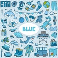 Set of blue color objects. Visual dictionary for children about the basic colors