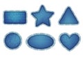 Set of blue denim patches with stitch and fringe. Light blue denim. Patches of different shapes: rectangle, circle