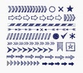 Set of blue doodle arrow dividers, pointers, danger tape and design elements on lined paper background