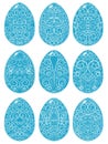 Set of blue Easter eggs with white pattern