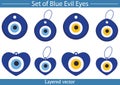 Set of blue evil eye vector isolated on white background. Hand-drawn oval and heart shaped evil eyes.