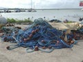 Set of blue fishing nets and ropes on a pie Royalty Free Stock Photo