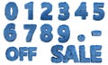 Set of blue hairy numbers and sale banner 3d illustration