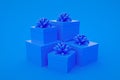 Set of blue gift boxes isolated on blue background. Minimalist creative concept. 3d illustration Royalty Free Stock Photo