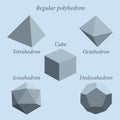 Set of blue-gray volumetric geometrical colored shapes. Regular polyhedron