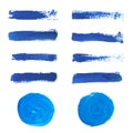 Set of blue hand paint, round shapes, stripes, ink brush strokes, hand painted circles, brushes, lines isolated on white backgroun Royalty Free Stock Photo