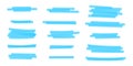 Set of blue highlight marker lines. Various transparent hand-drawn pen or brush underlines for important text or