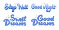 Set of blue lettering in beautiful style with stars, hearts. Lettering for print design about sleep, good night, sweet dreams.