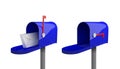 Set of blue mailboxes with a closed door, a raised flag, with an open door and letters inside. Royalty Free Stock Photo