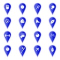 Set of blue map pointers with sport icons. Vector illustration