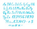 Set of blue marker Alphabet, numbers, punctuation. Hand drawings with design elements for posters, logos