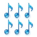 A set of blue musical notes and a treble clef icons Illustration, 3d rendered in a glossy Royalty Free Stock Photo