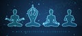 Set of blue neon meditating men silhouettes on outer space background. Royalty Free Stock Photo