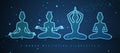 Set of blue neon meditating women silhouettes on outer space background. Royalty Free Stock Photo