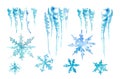 A set of blue openwork snowflakes of various shapes and sizes and a group of icicles Royalty Free Stock Photo
