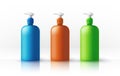 A set of blue, orange, green satined plastic bottles for sanitary and antiseptic products. Object, shadow, glossy and
