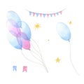 A set of blue and pink balloons, flags. An illustration drawn in watercolor by hand on a white isolated background Royalty Free Stock Photo