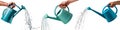 Set of blue plastic watering can in hand isolated on a white or transparent background. Close-up, watering can in hand Royalty Free Stock Photo