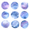 Set of blue and purple watercolor round backgrounds on white Royalty Free Stock Photo