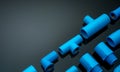 Set of blue PVC pipe fittings isolated on dark background. Blue plastic water pipe. PVC accessories for plumbing. Plumber Royalty Free Stock Photo