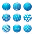 Set of blue realistic christmas balls different textures. Christmas bauble decorated with white patterns. Royalty Free Stock Photo