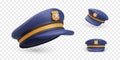 Set of blue rounded police caps with cockade. Realistic policeman uniform headgear