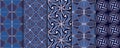 Set of blue seamless elegant batik patterns. Collection Hand drawn line backgrounds. Repeating Wallpaper in Indian style. Arabic Royalty Free Stock Photo