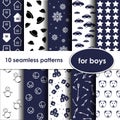 Set of 10 blue seamless patterns for boys. Royalty Free Stock Photo