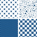 Set of blue seamless patterns. Vector backgrounds with gift boxes, stars, polka dot. For wallpaper, fabric print Royalty Free Stock Photo