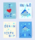 Set Blue shark card for birthday. Cartoon character with bubbles and comic inscription I love swim, ocean birthday Royalty Free Stock Photo