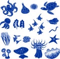 Set of blue silhouettes of different marine animals