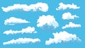 Set of blue sky, abstract cartoon clouds. Different shapes and size clouds icons are in blue sky. Vector illustration Royalty Free Stock Photo