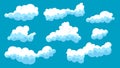 Set of blue sky, abstract cartoon clouds. Different shapes and size clouds icons are in blue sky. Vector illustration Royalty Free Stock Photo