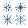 A set of blue snowflakes from various geometric shapes on a white background. In vector for winter design