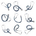 Set of blue stethoscopes on white background. Medical device Royalty Free Stock Photo