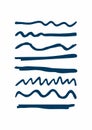 Set of blue underlines drawn by hand. Rough horizontal and wavy lines. Sketch, doodle, scribble.