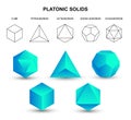 Set of blue vector editable 3D platonic solids isolated on white background. Mathematical geometric figures such as cube