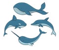 Set of blue vector underwater creatures with whales, narwhal and